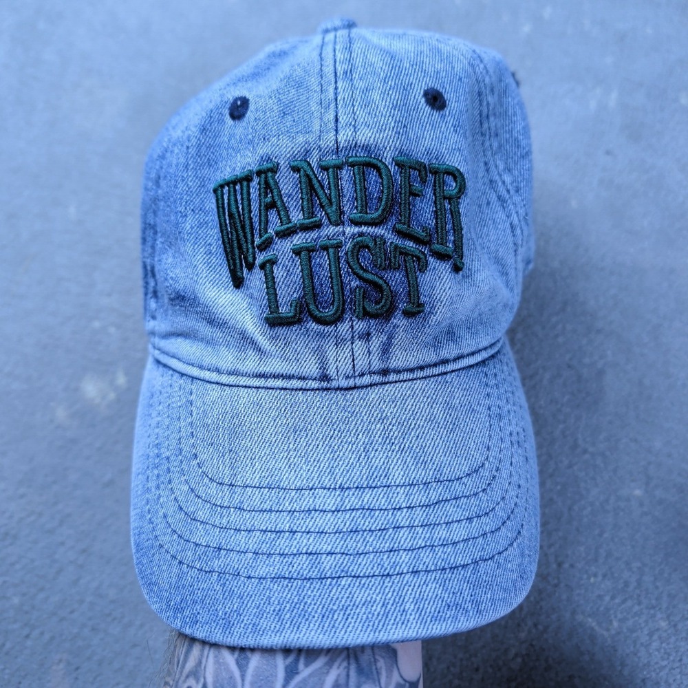 Wanderlust Denim Baseball Cap OSFM Unisex Blue Embroidered Adjustable Dad Hat